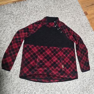 Red Black Plaid Fleece Pullover Womens Snap Neck Cozy Quilted Sweatshirt Jacket